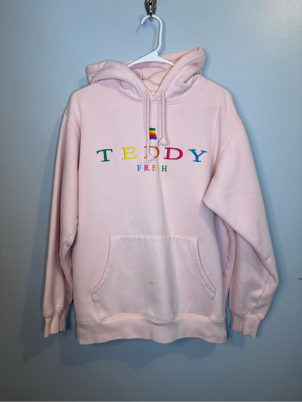 Teddy Fresh Pastel Pink Hoodie Rainbow Embroidery Sweatshirt Large Streetcore